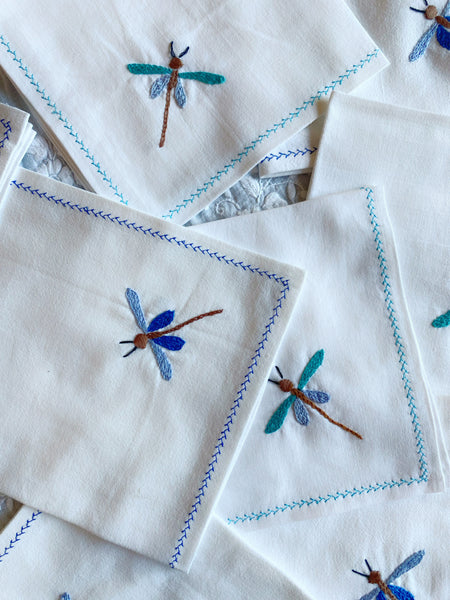 12 Serviettes brodées libellule