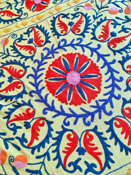 Suzani dessins bleus et rouge fond vert