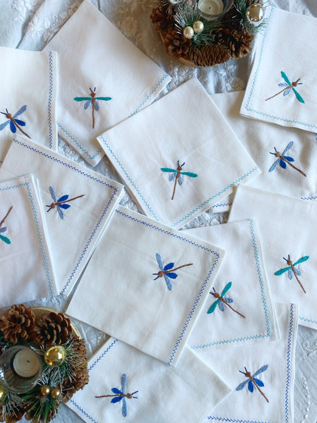 12 Serviettes brodées libellule